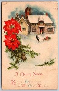 Vtg Merry Xmas Christmas Greetings Poinsettias Winter Cottage 1920s Postcard