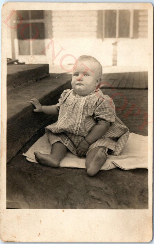 c1910s Cute Fat Baby Boy RPPC Sit Outdoor House Real Photo Richard Hunt ID? A142