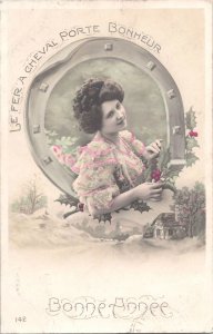Early 1900s French RPPC Hand-Colored Postcard Lovely Lady Lucky Horse Shoe