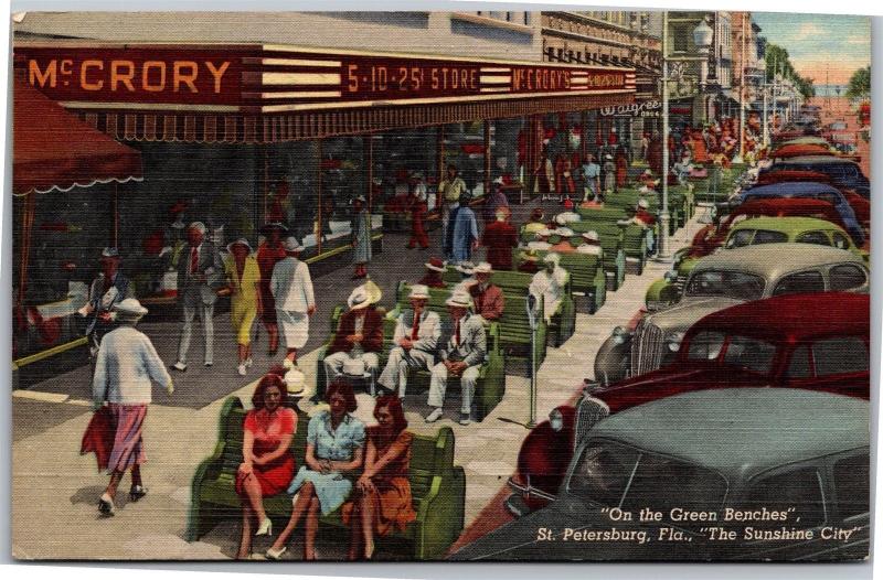 Green Benches of St. Petersburg FL, McCrory c1945 Vintage Postcard H10