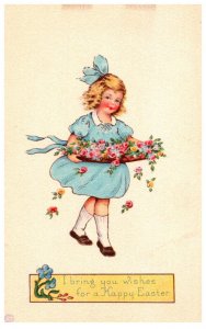 Easter  Girl carring wood tray of flowers