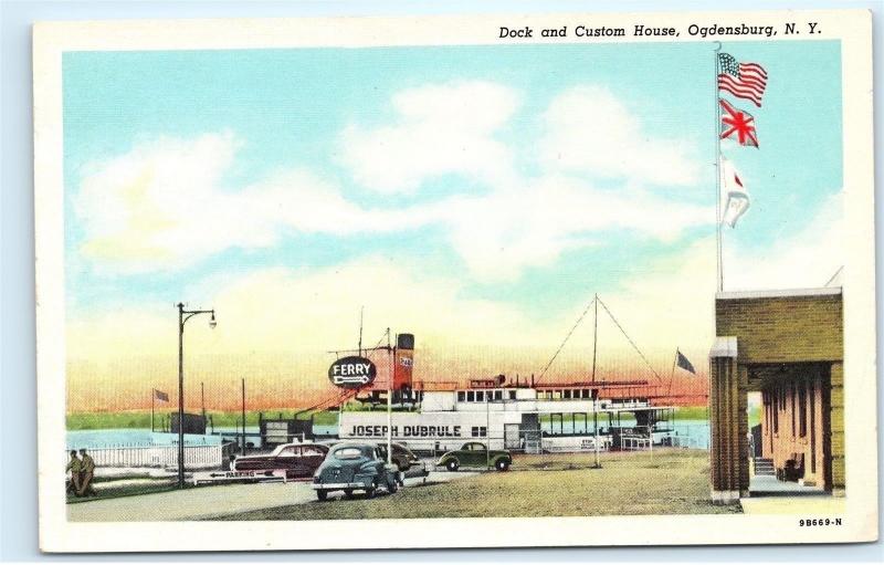 *Dock Custom House Classic Cars Ferry Joseph Dubrule Ogdensburg NY Postcard B68