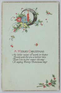 Holiday~Flowers Candle Holly & Christmas Greeting Poem~Vintage Postcard