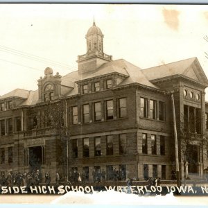 1910s Waterloo IA RPPC West High School Kids Crowd Horse Buggy Real Photo Vtg A1