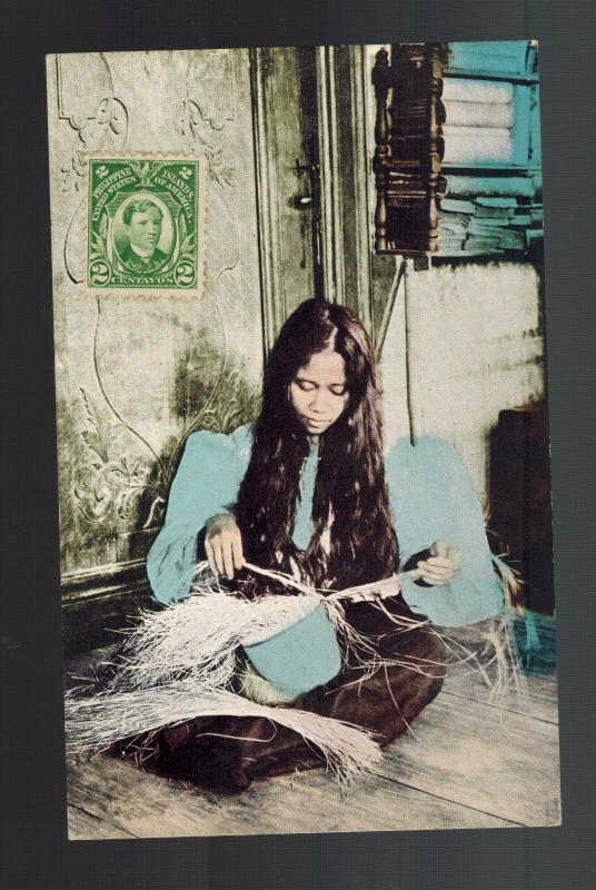 1910s Philippines PPC Postcard Cover Woman Weaving Hats Manila