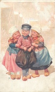 Lovely drawn Dutch children types folk costumes vintage postcard 