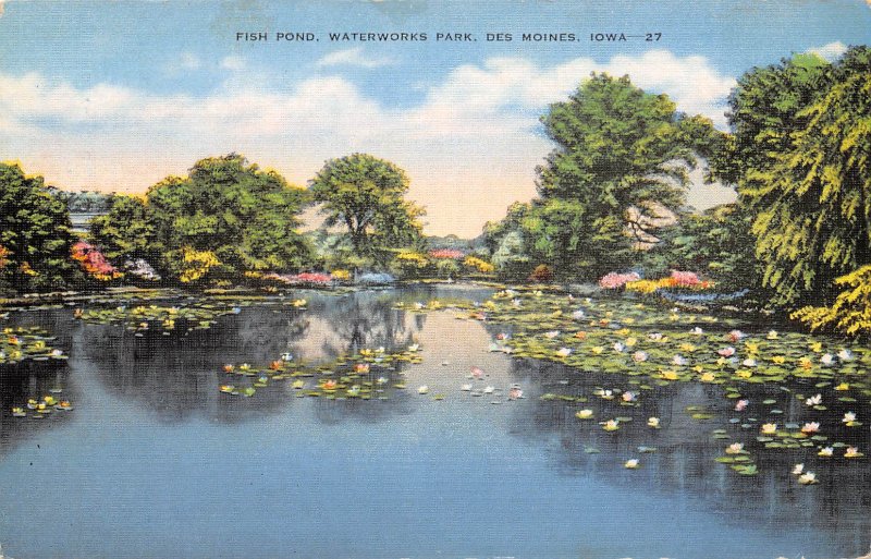 Fish Pond Waterworks Park Des Moines Iowa linen postcard