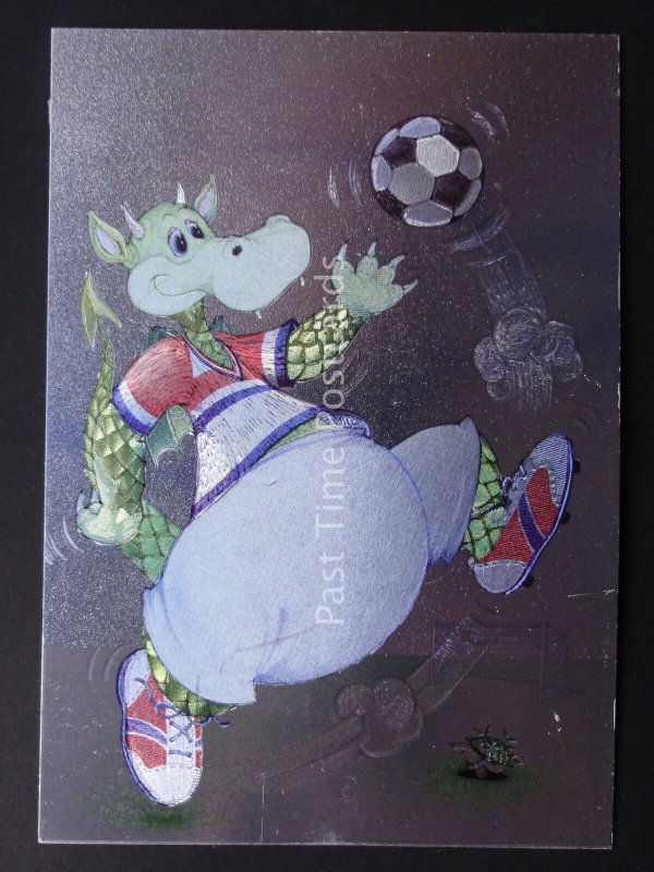 CARTOON DRAGON - THE FOOTBALL PLAYER c1985 by F J Warren DUFEX FOIL Postcard