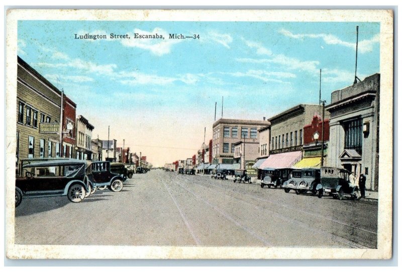 1929 Ludington Street Shops Cars Scene Escanaba Michigan MI Unposted