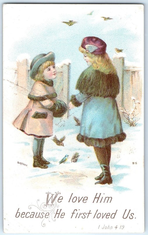 c1880s John 4:19 Bible Quote Trade Card Bufford Cute Wing Hat Girl Bird Snow C3