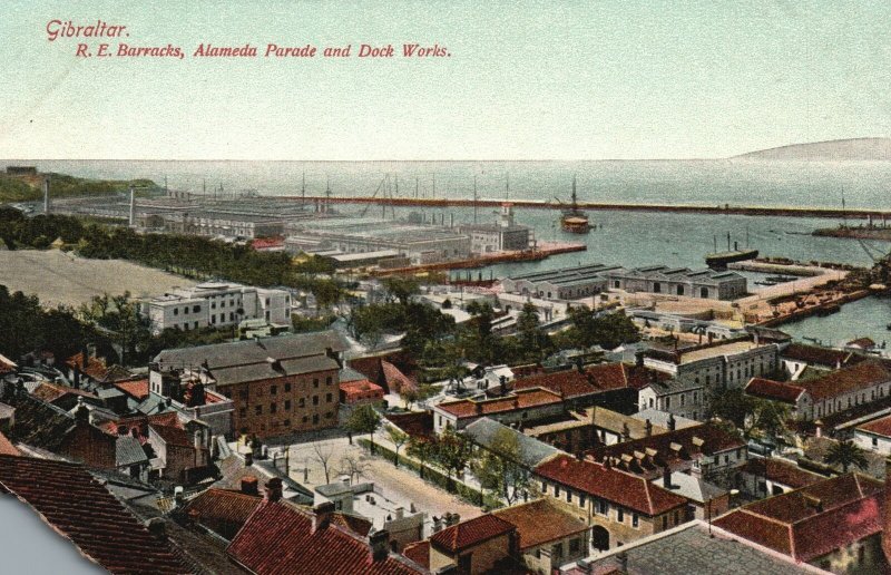 Vintage Postcard 1910s RE Barracks Alameda Parade Dock Works Gibraltar Peninsula