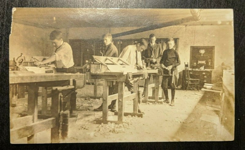 Vintage Young Men in Wood Working Shop Torn Corner Real Photo Postcard RPPC