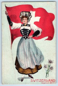 Switzerland Postcard Flower and Swiss Flag Being Hold By a Woman c1905