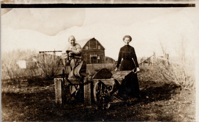 Two Women Farmers Farming Barn Wheelbarough Farm Unused Real Photo Postcard G52