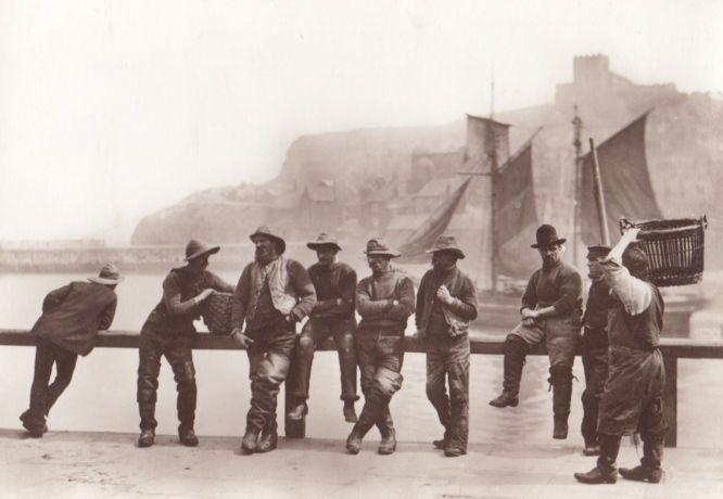 Victorian Fisherman at Harbour Rail Whitby Yorkshire Postcard