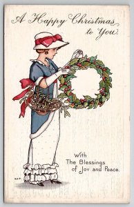 Christmas Margaret Evans Price Woman with Wreath and Mistletoe Postcard U26