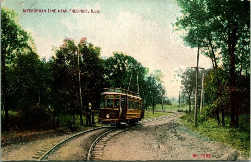 Vtg Postcard c 1908 Freeport Ill Interurban Line Trolly 