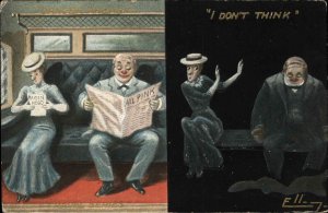 Maiden Woman & Drunk? Man on Train Together c1910 Postcard