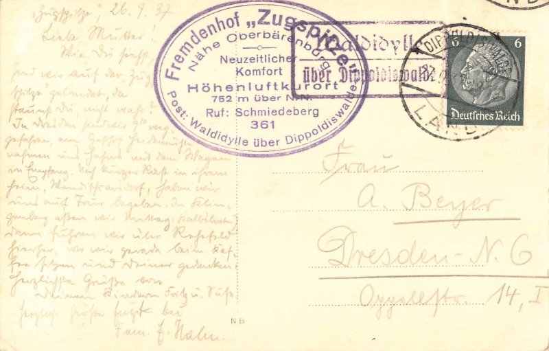 A172 Germany 1937 Waldidylle Cafe Zugspitze Pension Fremdenhof vintage postcard