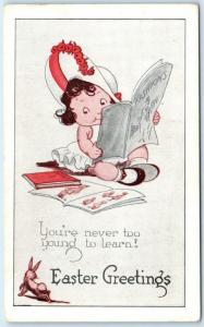 EASTER GREETINGS  Baby Girl Reading FASHION MAGAZINE  Bunny ca 1910s Postcard