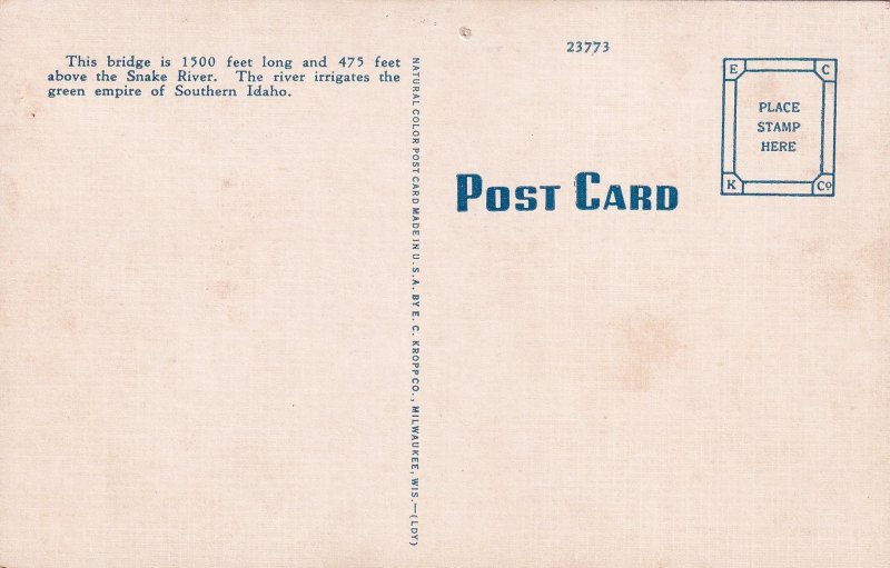 Twin Falls Jerome Bridge Idaho ID Snake River Postcard D13