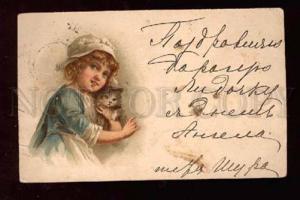 3011024 Charming Girl w/ KITTEN on her Hands Vintage LITHO PC