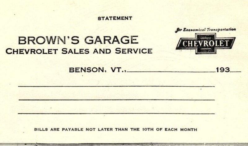 1930 BENSON VERMONT BROWN'S GARAGE CHEVROLET SALES AND SERVICE BILLHEAD Z4230