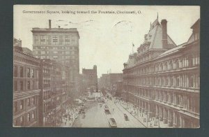 1913 Post Card Cincinnati OH Government Square Looking Toward Fountain