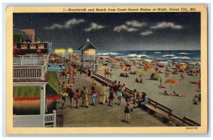 1950 Boardwalk Beach Coast Guard Station Night Ocean City Maryland MD Postcard