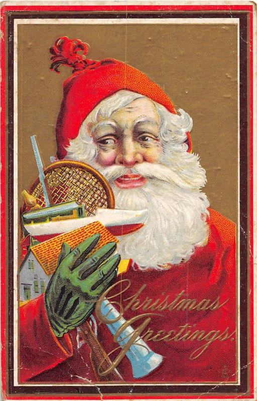 D71/ Santa Claus Merry Christmas Holiday Postcard 213B Green Gloves Tennis 2