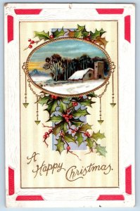 Christmas Postcard Holly Berries House Winter Scene Embossed Steele ND 1909