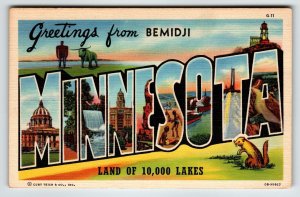 Greetings From Bemidji Minnesota Land Of 10000 Lakes Large Letter Postcard Linen