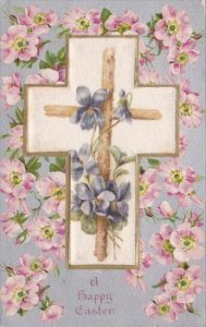 Silk Card Happy Easter With Beautiful Cross & Flowers