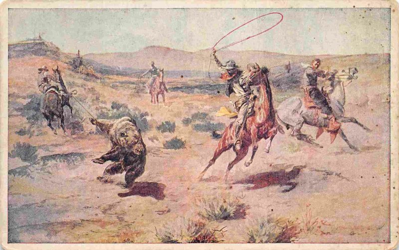 Cowboys Roping A Grizzly Bear Western Desert 1910s postcard