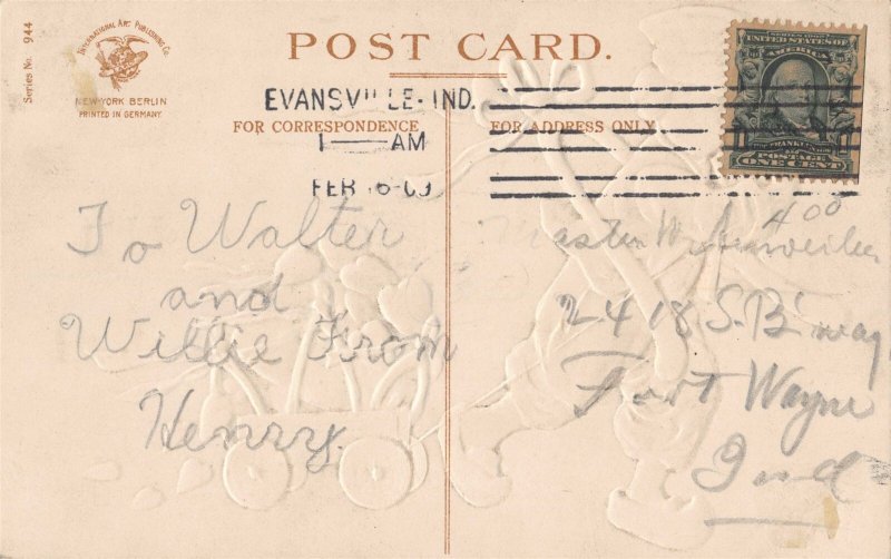 boy wagon wishbone E Clapsaddle Vintage valentine postcard 26val06