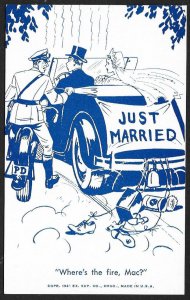 ARCADE CARD Bride and groom ... Speeding ticket Unused c1940s