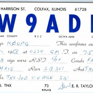 1968 Colfax, IL Gene E.R. Taylor QSL Ham CB SB301 Radio Card Postcard HX10 A273