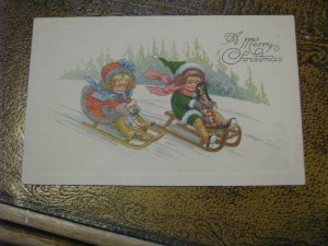 Antique Christmas Postcard 1925? Children Sled Terrified Dog Doll