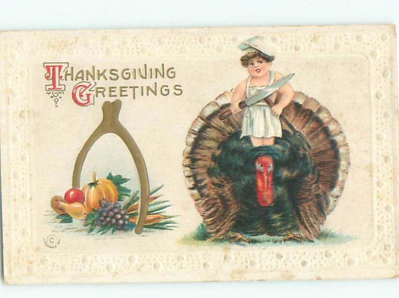 Pre-Linen Thanksgiving BOY WITH LARGE KNIFE STANDING ON TURKEY AB4440