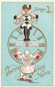 New Year, Julius Bien No 5504, Pierrots, Woman Sitting on Clock, Clowns