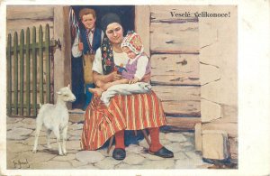 Czech Republic folk types community life costumes 1933 artist postcard 