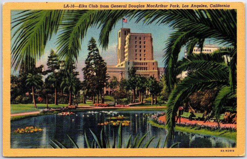 VINTAGE POSTCARD VIEW OF THE ELKS CLUB FROM GENERAL DOUGLAS MACARTHUR PARK L.A.