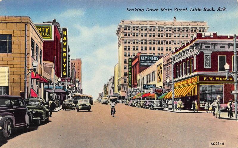 Little Rock AR Main Street Woolworth's  Storefronts Old Cars Postcard