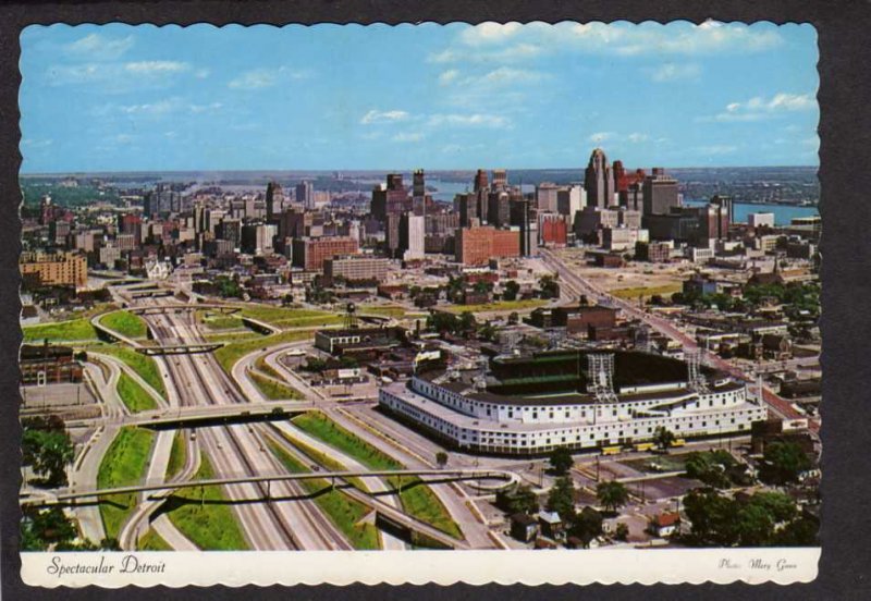 MI Aerial View Detroit Tigers Stadium Arena Skyline Bldgs Michigan Postcard