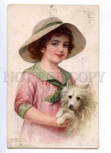 245491 Girl w/ White SPITZ Dog by Raymond LYNDE Vintage PC