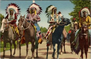 Indian Braves Lined Up for Parade Linen Curteich Postcard V7