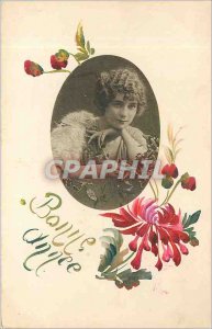 Old Postcard Happy New Year Woman Flowers