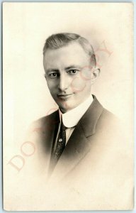 c1910 Handsome Young Man Portrait ID'd Real Photo Postcard Male Suit Cyko Vtg A4