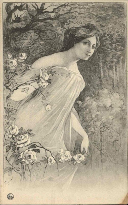 FANTASY Beautiful Woman w Flowers in Forest A/S MAGLIN c1910 Postcard