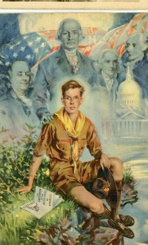 Postcard Boy Scout at Boy Scout Jamboree, reprint of painting by Artist Christy.